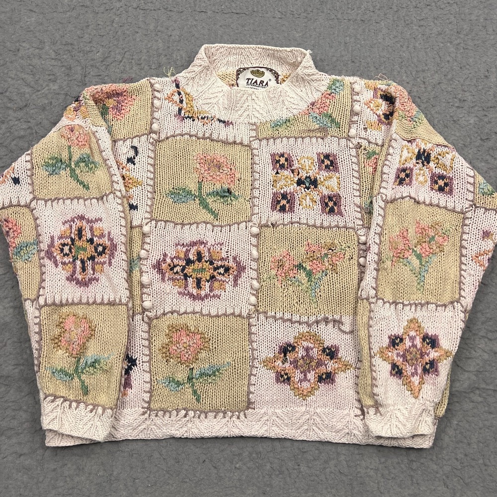 VTG Tiara Sweater Womens Medium? Pink Floral Patchwork Spring Knit Mock Pullover